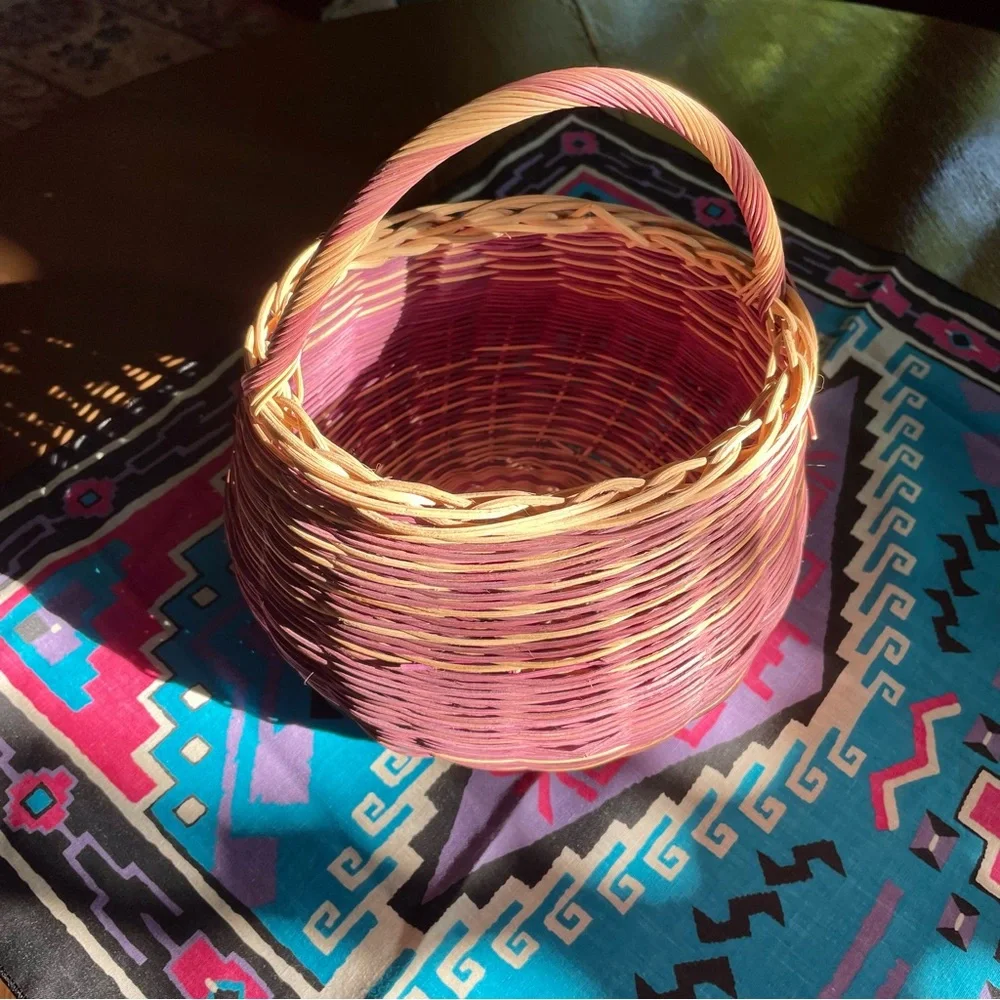 Vintage Hand Woven Round Reed Basket. Purple and Natural Color Striped. 9